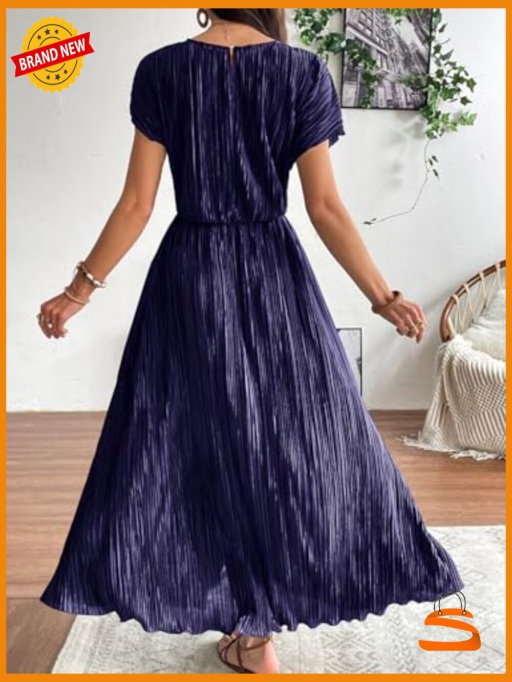Casual Short Sleeve Maxi Dress with Ruffle Pleated Swing Silhouette - Picture 2 of 7